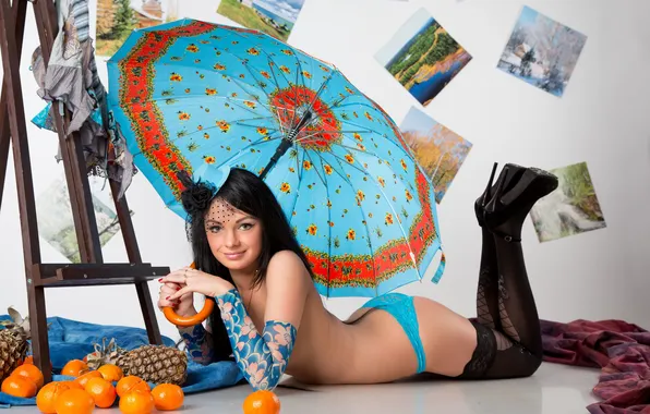 Blue, Smile, Umbrella, Heels, Hat, Panties, Look, Stockings