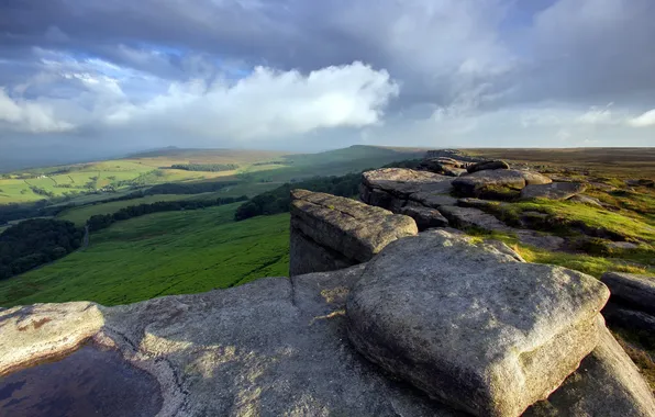 The sky, landscape, mountains, stones
