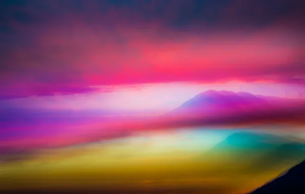 The sky, clouds, mountains, abstraction, fog, color, glow
