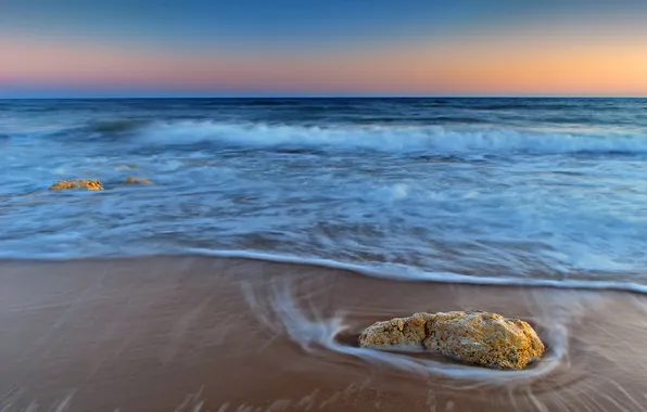 Sand, sea, wave, sunset, stones
