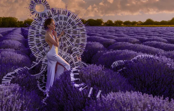 Summer, girl, nature, style, music, keys, white dress, lavender