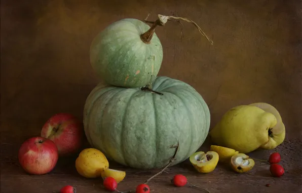 Table, apples, Board, food, dragonfly, fruit, briar, pumpkin