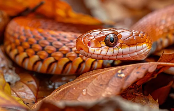 Autumn, look, drops, foliage, snake, orange, red, reptile