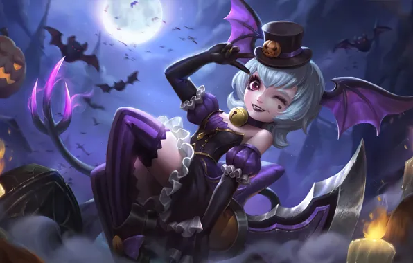 Girl, night, the moon, candles, cemetery, Halloween, bats, Nana