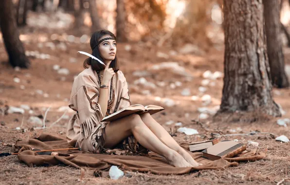 Forest, girl, pen, book, Alessandro Di Cicco, Woods Wonder