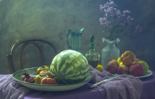 Flowers, table, bouquet, watermelon, fabric, vase, still life, tomatoes