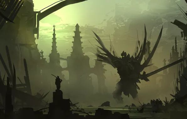 Figure, Monster, Sword, Silhouette, Battle, The demon, Landscape, Art