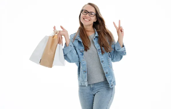 Picture girl, white background, brown hair, purchase, packages, shopping