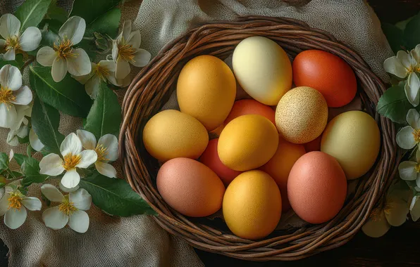Leaves, flowers, holiday, eggs, spring, yellow, Easter, fabric