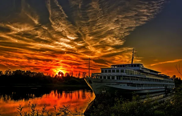 The sky, the sun, sunset, river, Ship