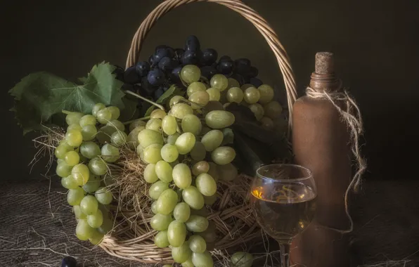 Blue, green, table, wine, glass, bottle, grapes, straw
