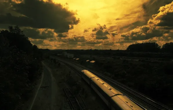 The sky, Clouds, Train, railroad, The way, Rails, Composition, Trees.