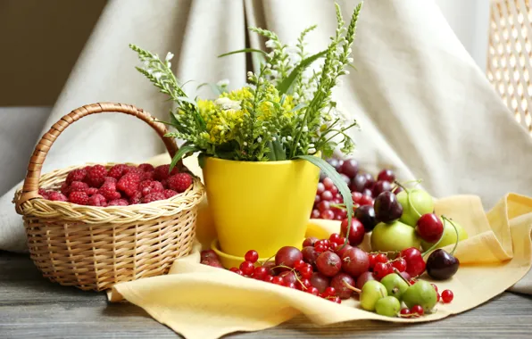 Flowers, cherry, raspberry, table, basket, apples, berry, pot