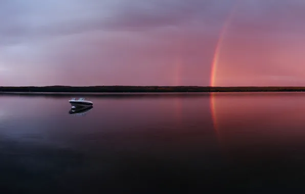 Lake, boat, The evening, rainbow