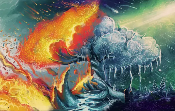 Tree, fire, ice, art, contrast