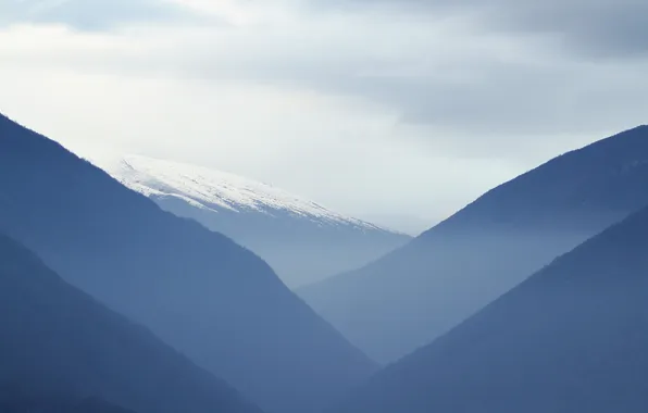 The sky, mountains, fog