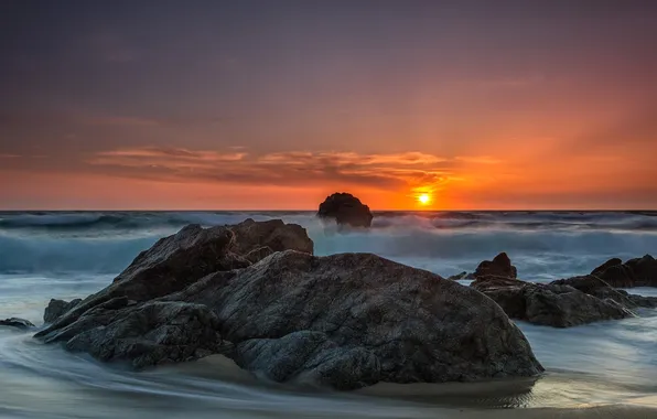 Sea, the sky, clouds, sunset, stones