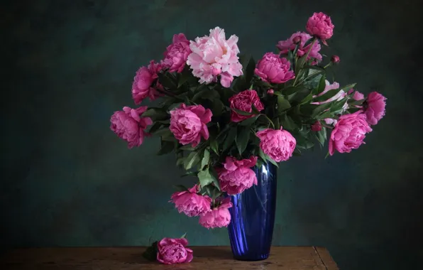 Flowers, bouquet, vase, pink, blue, peonies