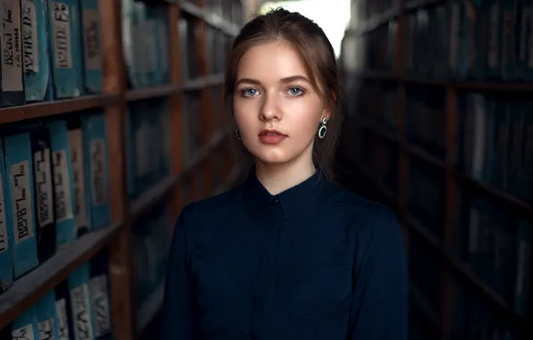 Look, girl, face, sweetheart, portrait, brunette, light, library