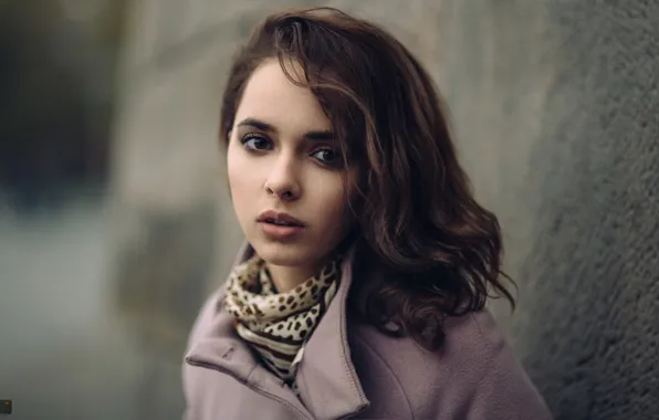 Picture look, girl, face, wall, sweetheart, portrait, scarf, brown hair