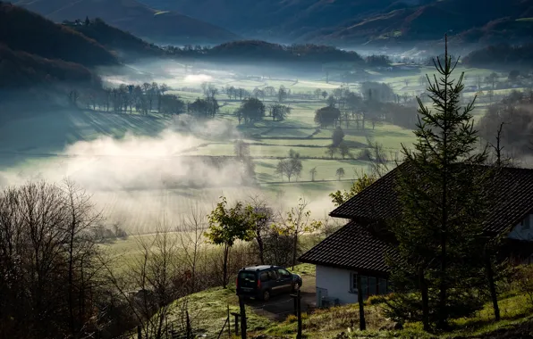 Picture machine, the sun, trees, mountains, fog, house, France, field