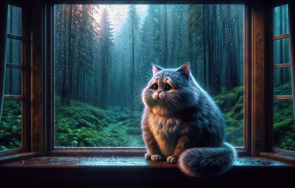 Sadness, forest, cat, rain, window
