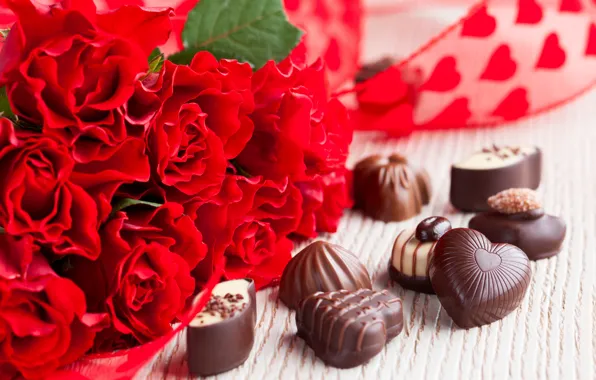 Flowers, chocolate, roses, bouquet, candy, red, dessert