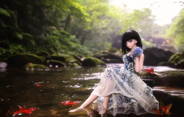 Water, river, toy, doll, dress