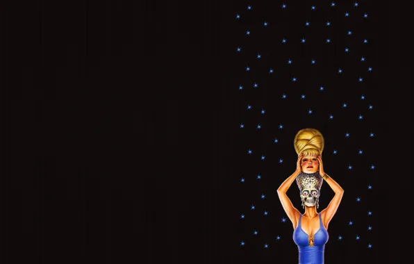 Girl, stars, strip, the dark background, skull, minimalism, head, alien