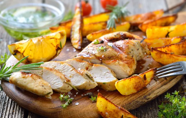 Chicken, meat, rosemary, potatoes