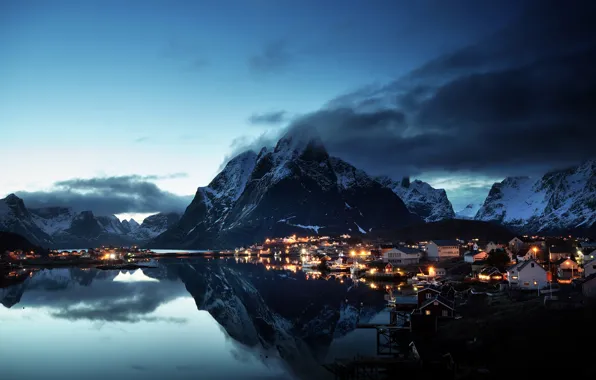 Sea, the sky, water, clouds, mountains, lights, reflection, home