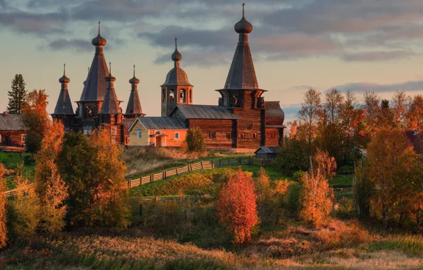 Autumn, the sky, grass, clouds, trees, nature, home, Church