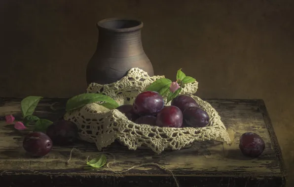 Table, still life, plum, napkin, ceramics, pot