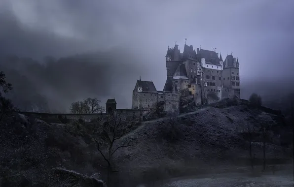 Mountains, clouds, fog, castle, twilight, ELTZ, gloomy sky
