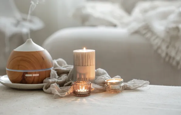 Table, sofa, relax, towel, candles, fabric, smoke, candlesticks