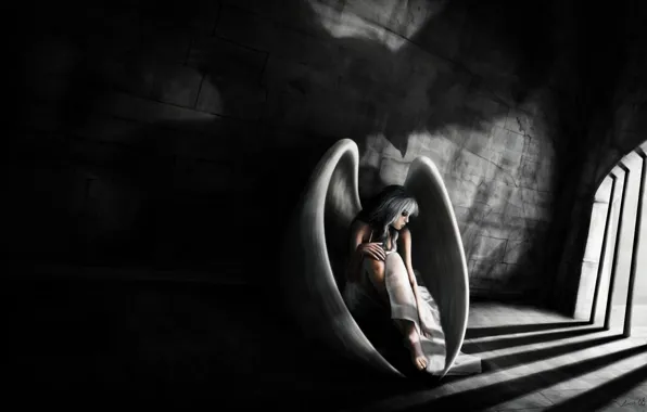 Sadness, girl, wings, angel, camera, art, prisoner, prison