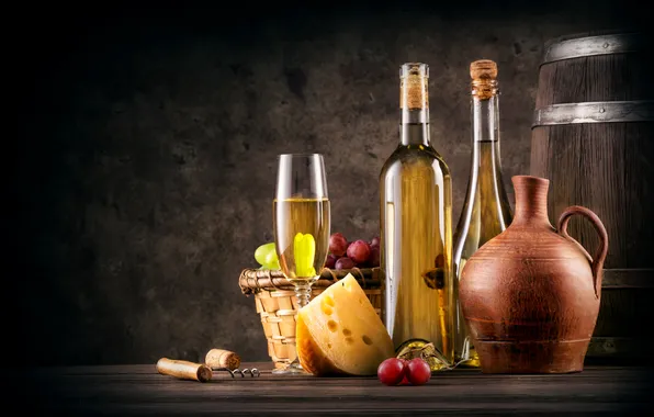 Wine, basket, glass, cheese, grapes, tube, bottle, pitcher