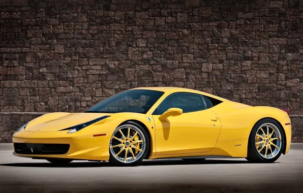 Picture yellow, wall, wall, wheels, ferrari, Ferrari, side view, yellow