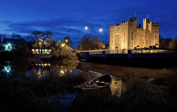 Night, lights, pond, castle, boat, Ireland, County Clare