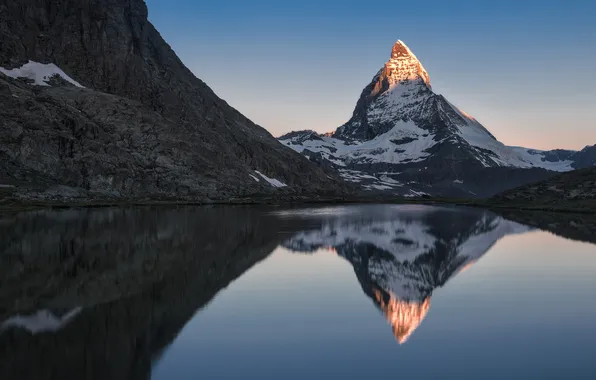 The sky, sunset, mountains, lake, top, peak