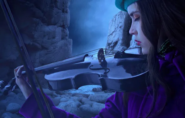Sea, girl, face, pose, stones, rendering, rocks, violin