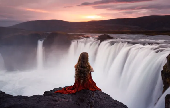 Girl, sunset, mountains, mood, rocks, waterfall, sitting, red dress
