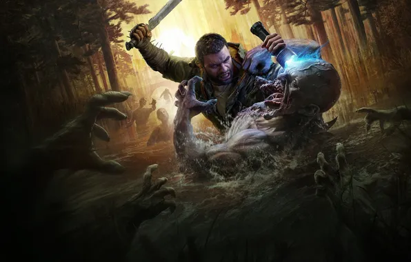 Zombie, forest, monster, man, survivor, blade, strong, dying light