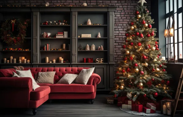 Room, tree, new year, interior, Christmas, Christmas, tree, interior