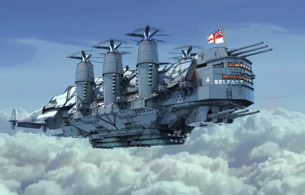 The sky, The ship, Art, Fiction, Illustration, Steampunk, Belfast, HMS Belfast