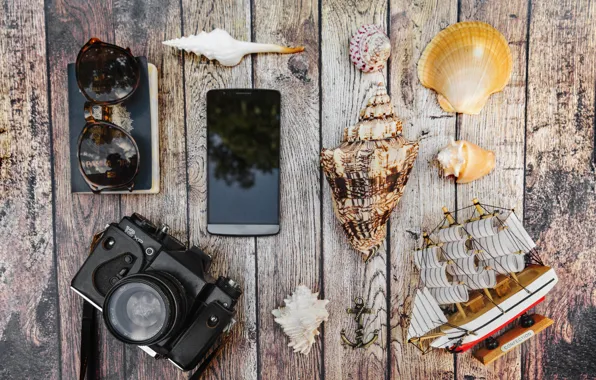 Sea, summer, shell, glasses, the camera, Notepad, phone, accessories