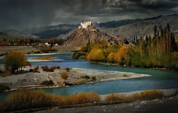Picture autumn, the sky, trees, mountains, clouds, house, river, the ruins