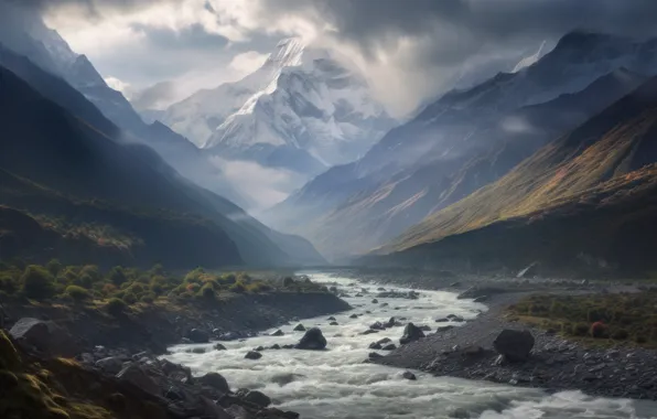 Clouds, snow, landscape, mountains, nature, fog, river, stones