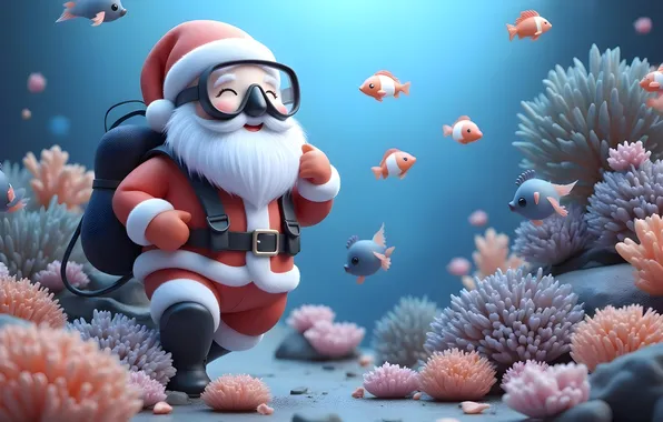 Sea, fish, corals, mask, Christmas, New year, Santa Claus, underwater world