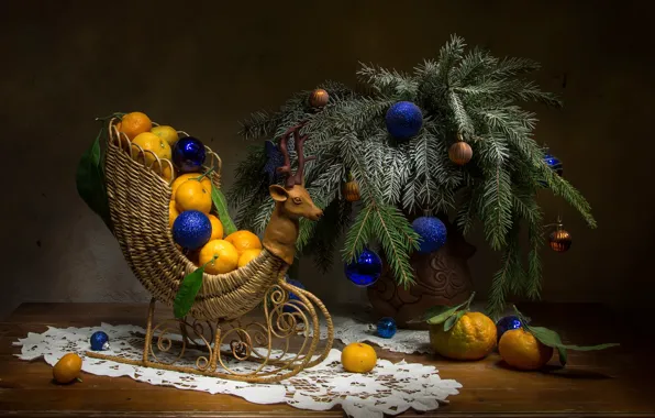 Balls, balls, Christmas, New year, still life, sleigh, tangerines, spruce branches